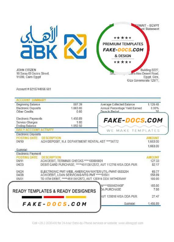 Egypt Al Ahli Bank of Kuwait bank statement easy to fill template in Word and PDF format Egypt Al Ahli Bank of Kuwait bank statement easy to fill template in Word and PDF format