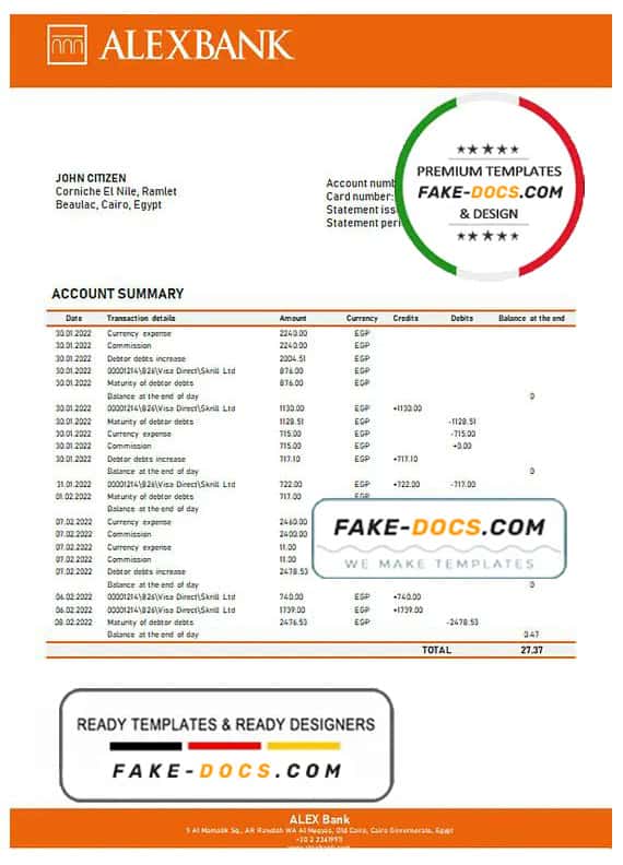 Egypt Alex Bank of Egypt proof of address statement template in Word and PDF format (.doc and .pdf) Egypt Alex Bank of Egypt proof of address statement template in Word and PDF format (.doc and .pdf)