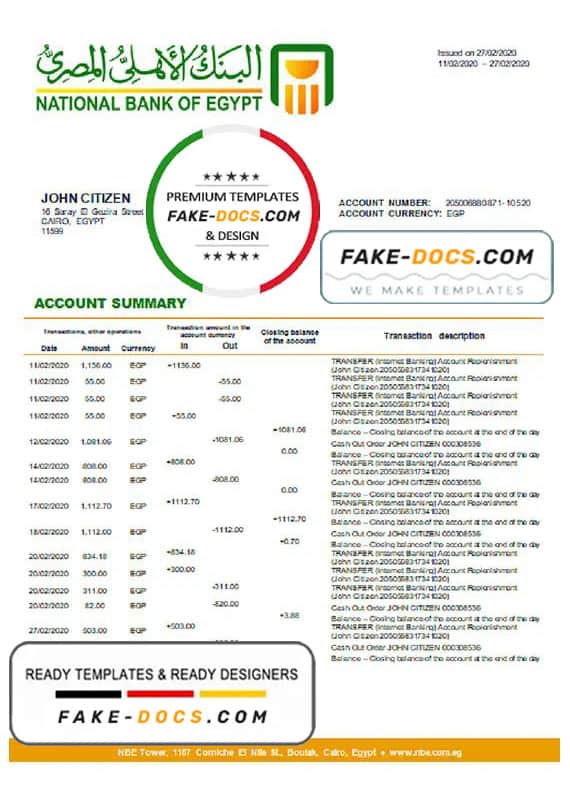 Egypt National Bank of Egypt proof of address bank statement template in Word and PDF format (.doc and .pdf) Egypt National Bank of Egypt proof of address bank statement template in Word and PDF format (.doc and .pdf)