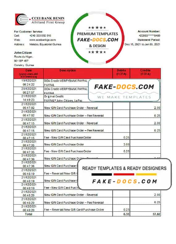 Equatorial Guinea CCEI Bank Benin bank statement easy to fill template in .xls and .pdf file format Equatorial Guinea CCEI Bank Benin bank statement easy to fill template in .xls and .pdf file format