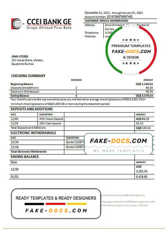 Equatorial Guinea CCEI bank proof of address statement template in Word and PDF format Equatorial Guinea CCEI bank proof of address statement template in Word and PDF format