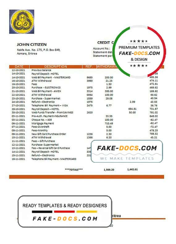 Eritrea Housing and Commerce bank statement template in Word and PDF format Eritrea Housing and Commerce bank statement template in Word and PDF format
