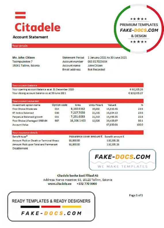Estonia Citadele banka Eesti filiaal AS proof of address statement template in Word and PDF format, .doc and .pdf format Estonia Citadele banka Eesti filiaal AS proof of address statement template in Word and PDF format, .doc and .pdf format