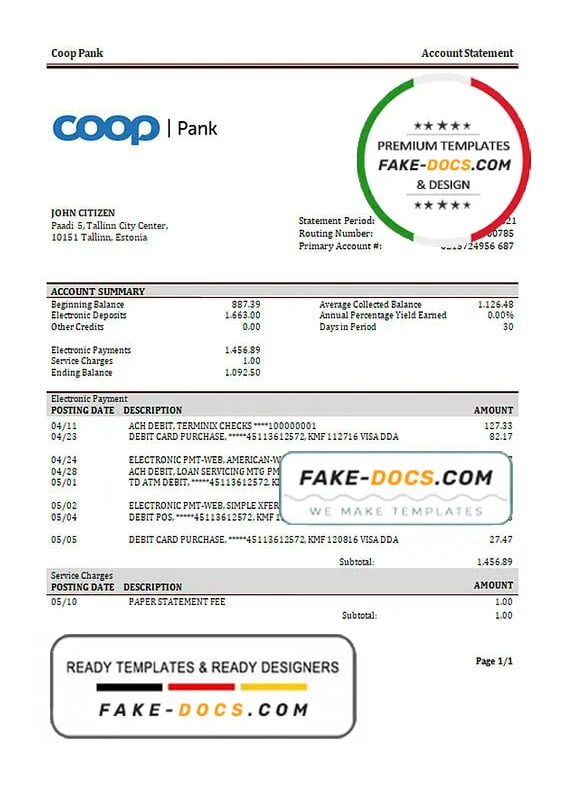 Estonia Coop Pank proof of address bank statement template in Word and PDF format,(.doc and .pdf) Estonia Coop Pank proof of address bank statement template in Word and PDF format,(.doc and .pdf)
