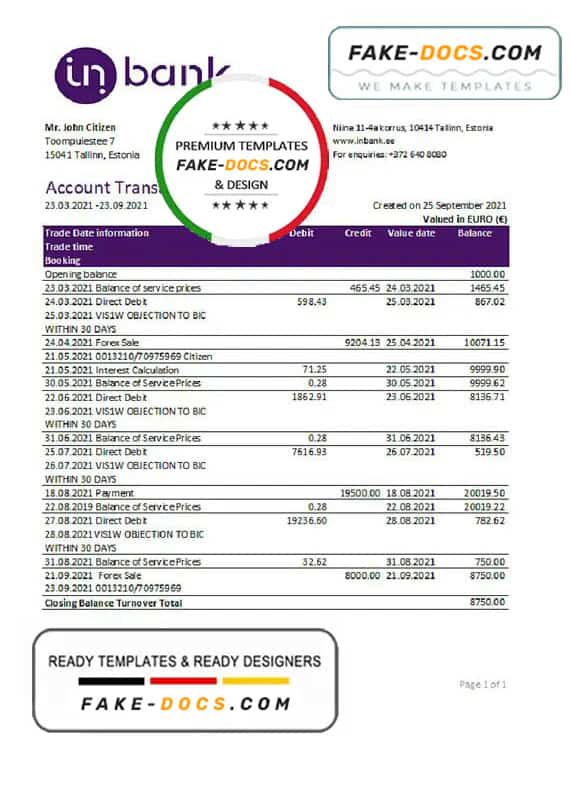 Estonia Inbank bank statement easy to fill template in Excel and PDF format Estonia Inbank bank statement easy to fill template in Excel and PDF format