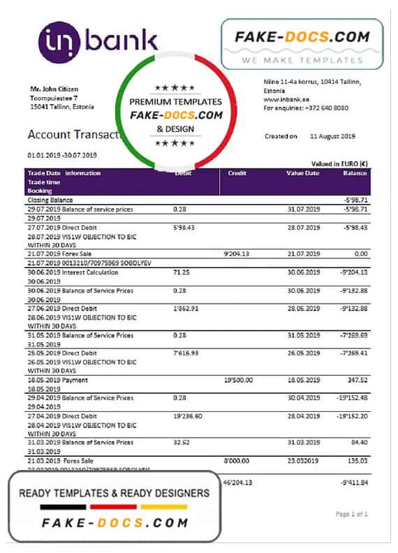 Estonia Inbank bank statement template, Word and PDF format (.doc and .pdf) Estonia Inbank bank statement template, Word and PDF format (.doc and .pdf)
