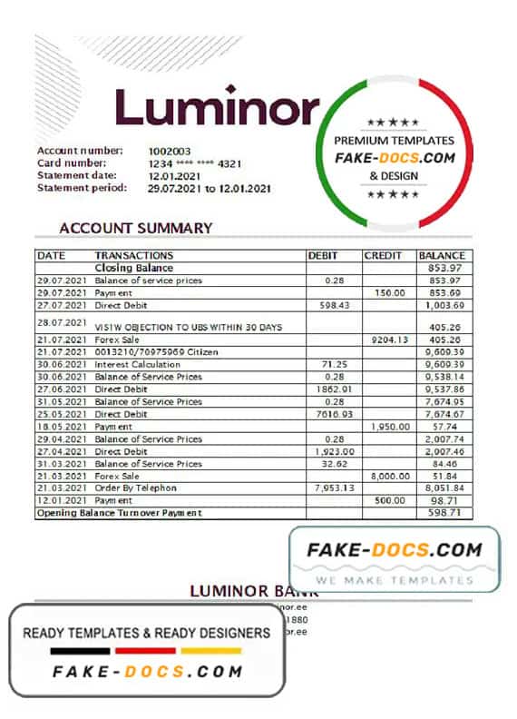 Estonia Luminor bank statement easy to fill template in .xls and .pdf file format Estonia Luminor bank statement easy to fill template in .xls and .pdf file format