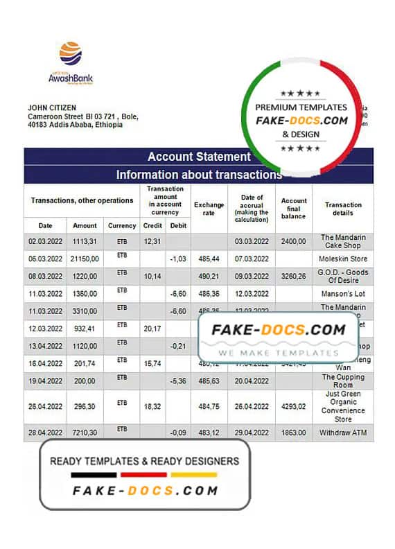 Ethiopia Awash proof of address bank statement template in Word and PDF format Ethiopia Awash proof of address bank statement template in Word and PDF format