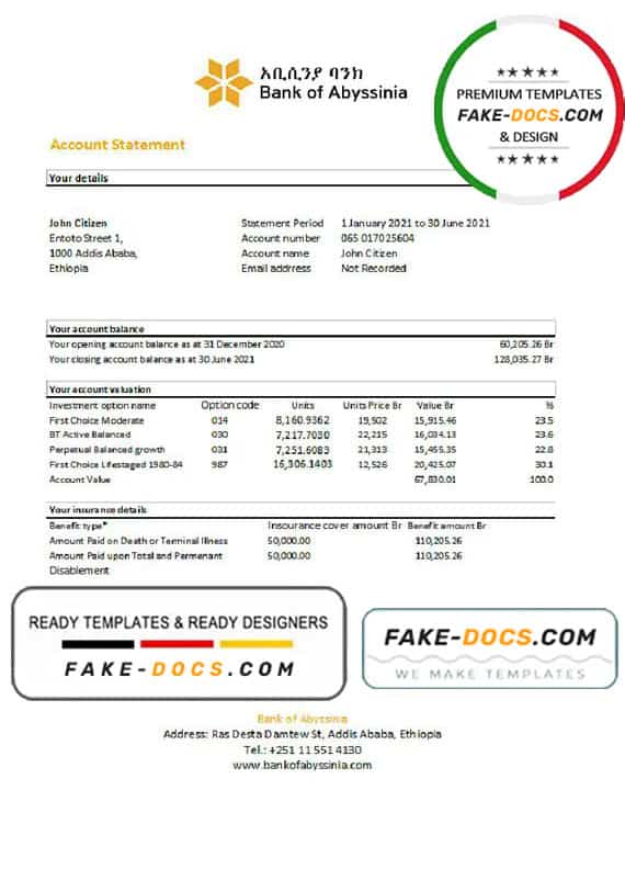 Ethiopia Bank of Abyssinia bank statement easy to fill template in .xls and .pdf file format Ethiopia Bank of Abyssinia bank statement easy to fill template in .xls and .pdf file format