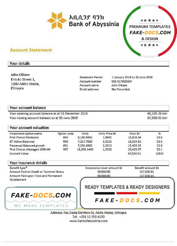 Ethiopia Bank of Abyssinia proof of address bank statement template in Word and PDF format Ethiopia Bank of Abyssinia proof of address bank statement template in Word and PDF format