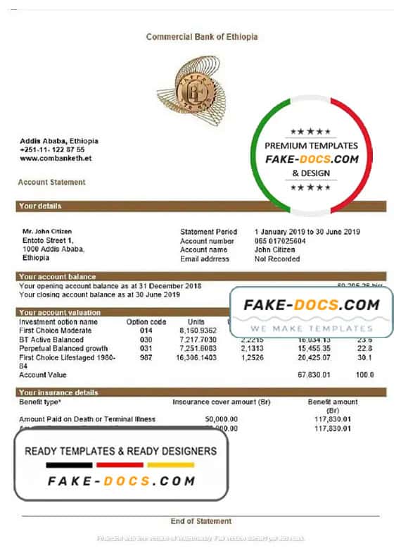 Ethiopia Commercial Bank of Ethiopia bank statement template in Word and PDF format, good for address prove Ethiopia Commercial Bank of Ethiopia bank statement template in Word and PDF format, good for address prove