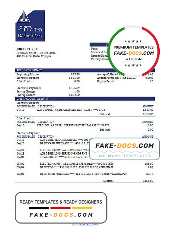 Ethiopia Dashen proof of address bank statement template in Word and PDF format Ethiopia Dashen proof of address bank statement template in Word and PDF format