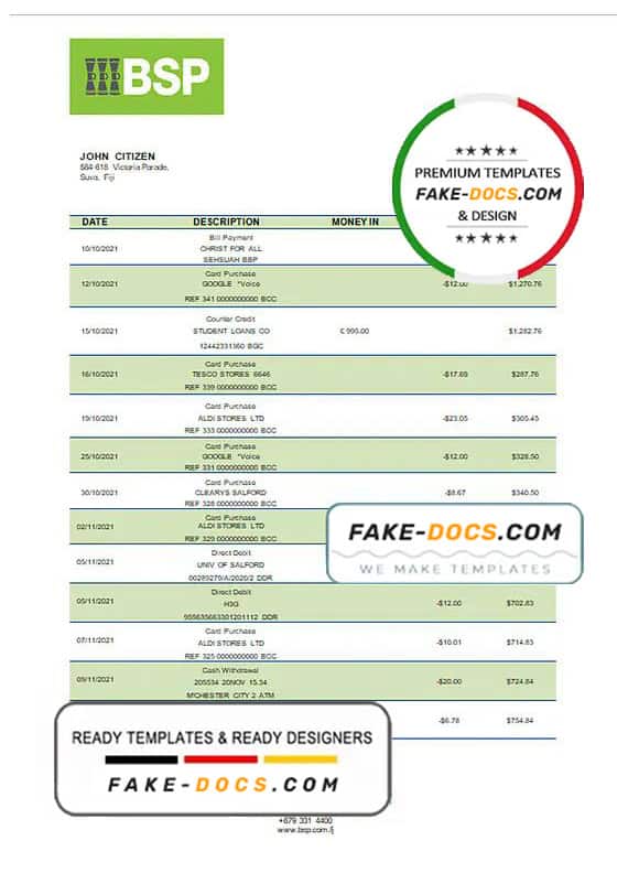 Fiji Bank of South Pacific bank statement template in Word and PDF format Fiji Bank of South Pacific bank statement template in Word and PDF format