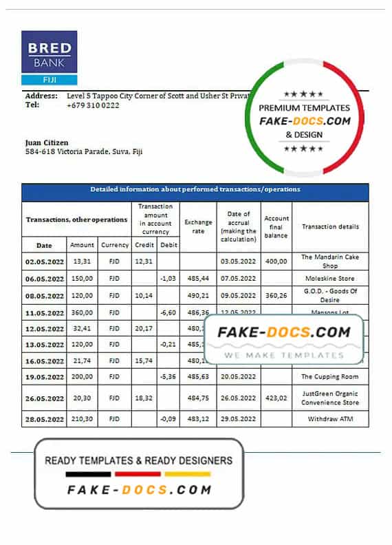 Fiji Bred bank statement template in Word and PDF format Fiji Bred bank statement template in Word and PDF format