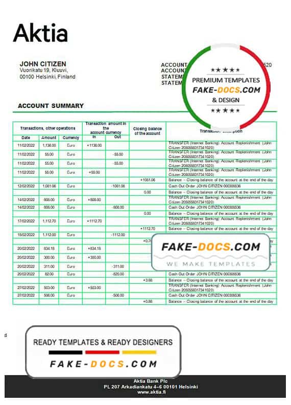 Finland Aktia Bank statement template in Word and PDF format Finland Aktia Bank statement template in Word and PDF format
