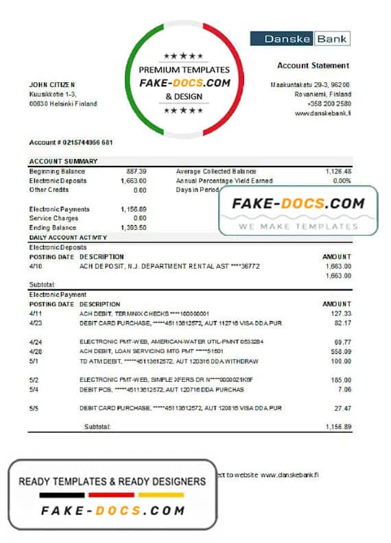 Finland Danske bank statement easy to fill template in .xls and .pdf file format Finland Danske bank statement easy to fill template in .xls and .pdf file format