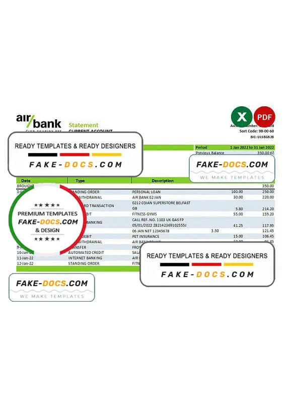 Czechia Air bank statement Excel and PDF template Czechia Air bank statement Excel and PDF template