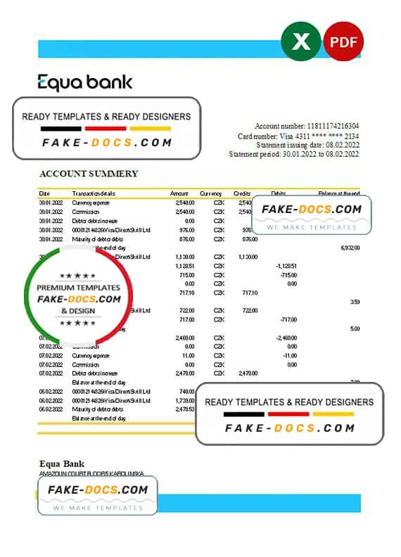Czechia Equabank bank statement Excel and PDF template Czechia Equabank bank statement Excel and PDF template