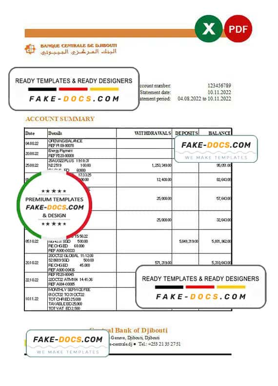 Djibouti Central Bank of Djibouti statement Excel and PDF template Djibouti Central Bank of Djibouti statement Excel and PDF template
