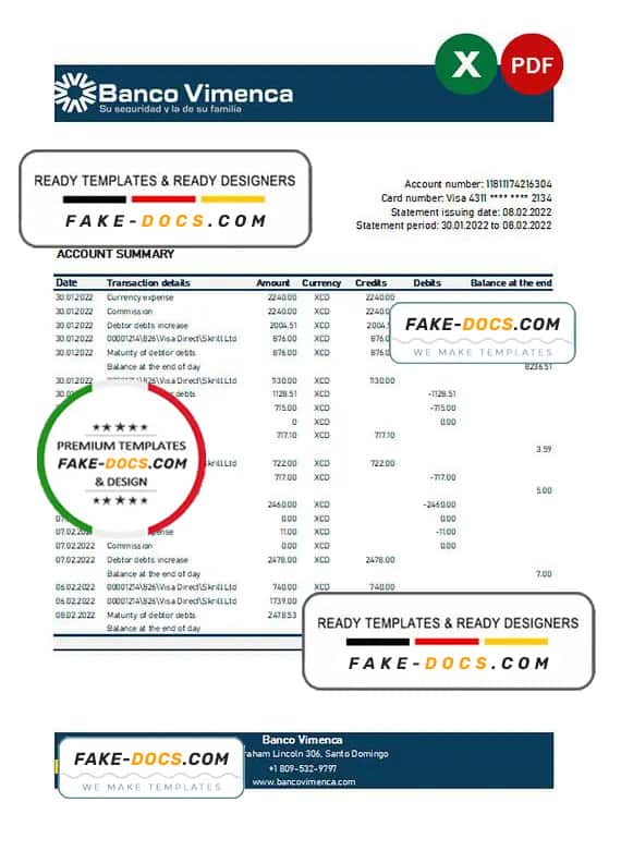 Dominican Republic Banco Vimenca bank statement Excel and PDF template Dominican Republic Banco Vimenca bank statement Excel and PDF template