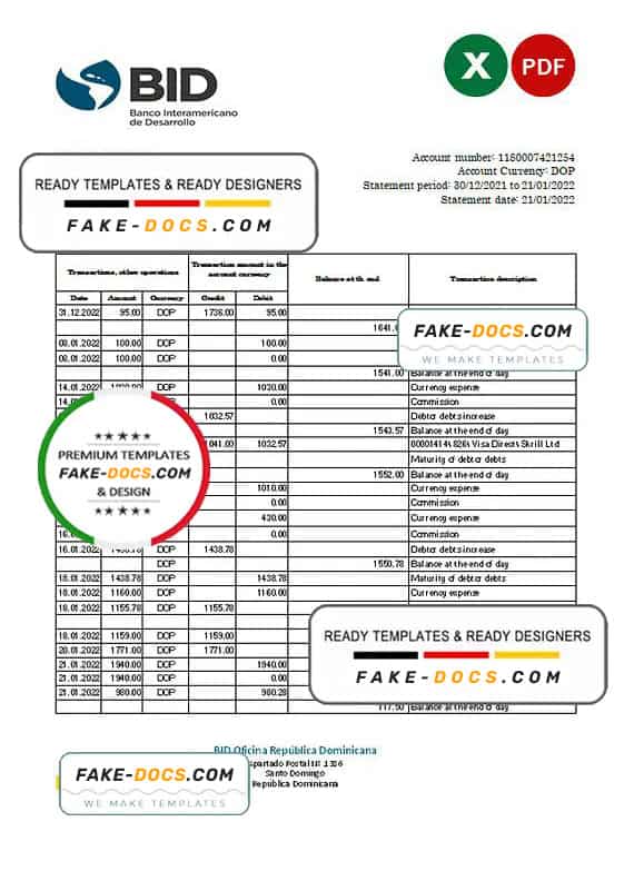 Dominican Republic Bid bank statement Excel and PDF template Dominican Republic Bid bank statement Excel and PDF template