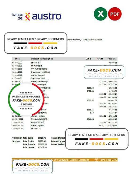 Ecuador Banco del Austro bank statement Excel and PDF template Ecuador Banco del Austro bank statement Excel and PDF template