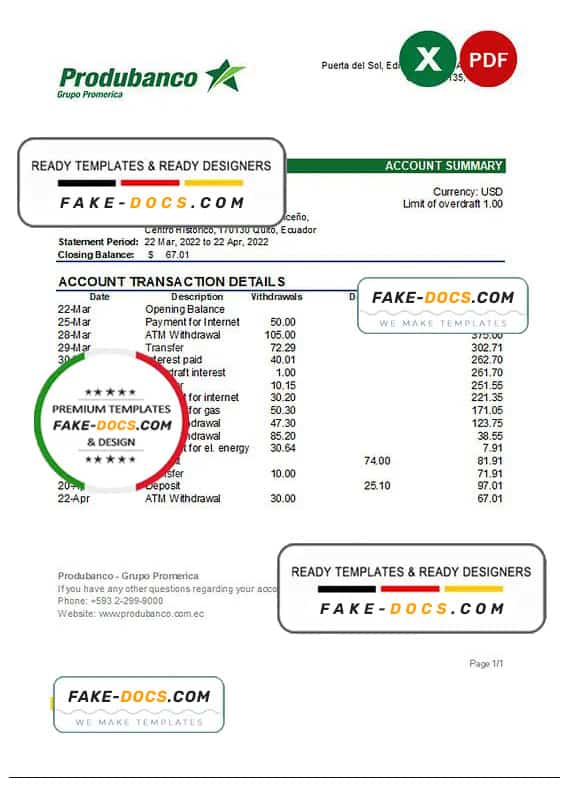 Ecuador Produbanco bank statement Excel and PDF template Ecuador Produbanco bank statement Excel and PDF template