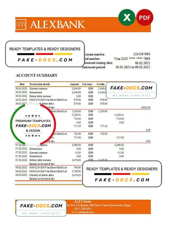 Egypt Alex bank statement Excel and PDF template Egypt Alex bank statement Excel and PDF template