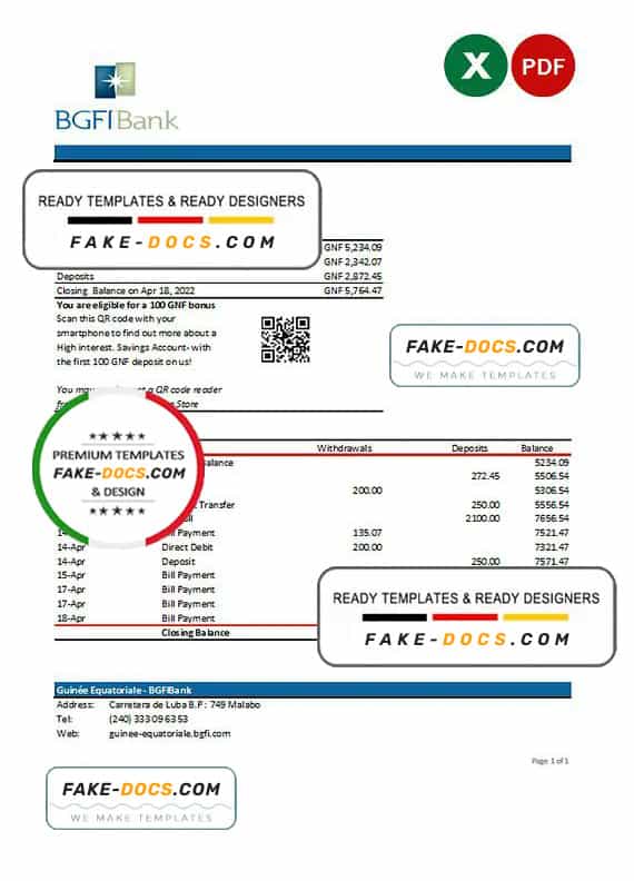 Equatorial Guinea BGFI Bank Statement Excel and PDF template Equatorial Guinea BGFI Bank Statement Excel and PDF template