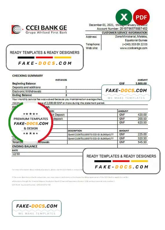Equatorial Guinea CCEI Bank statement Excel and PDF template Equatorial Guinea CCEI Bank statement Excel and PDF template