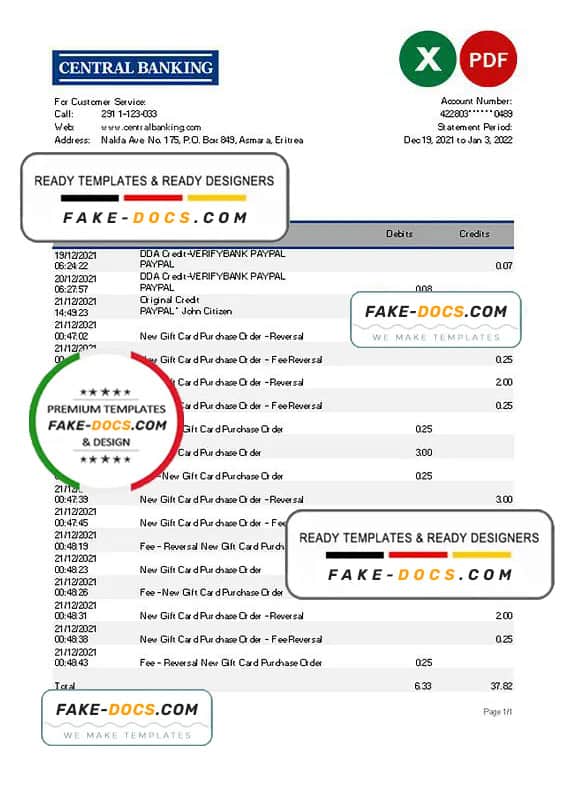 Eritrea Central bank statement Excel and PDF template Eritrea Central bank statement Excel and PDF template