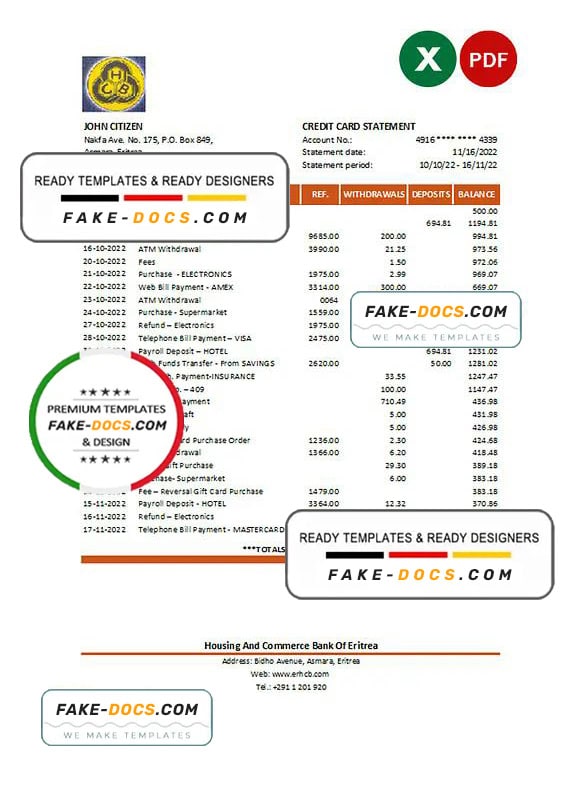 Eritrea Housing and Commerce bank statement Excel and PDF template Eritrea Housing and Commerce bank statement Excel and PDF template