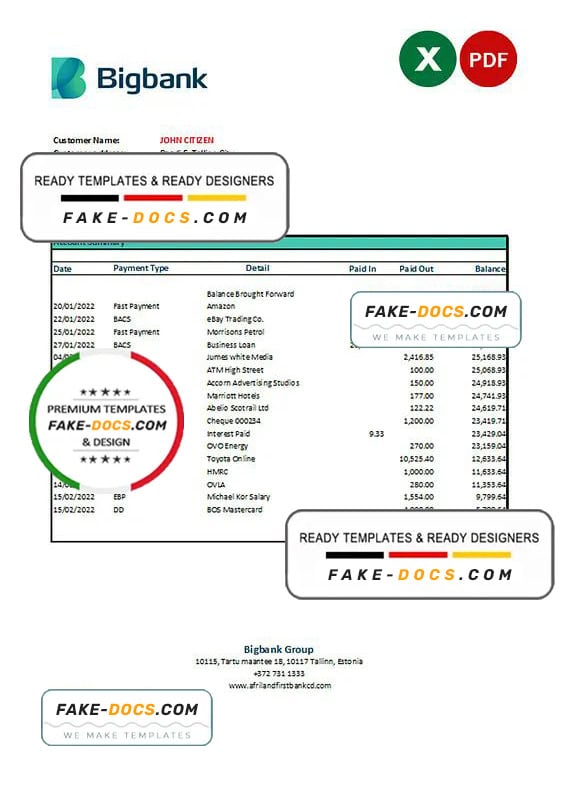 Estonia Bigbank bank statement Excel and PDF template Estonia Bigbank bank statement Excel and PDF template