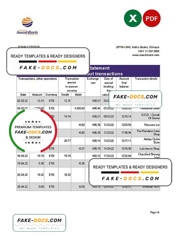 Ethiopia Awash Bank statement Excel and PDF template Ethiopia Awash Bank statement Excel and PDF template