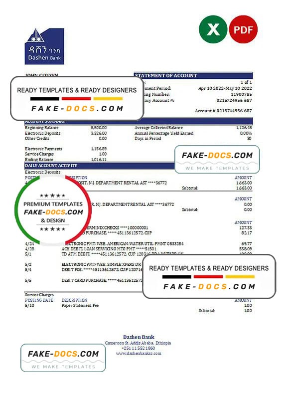 Ethiopia Dashen Bank statement Excel and PDF template Ethiopia Dashen Bank statement Excel and PDF template