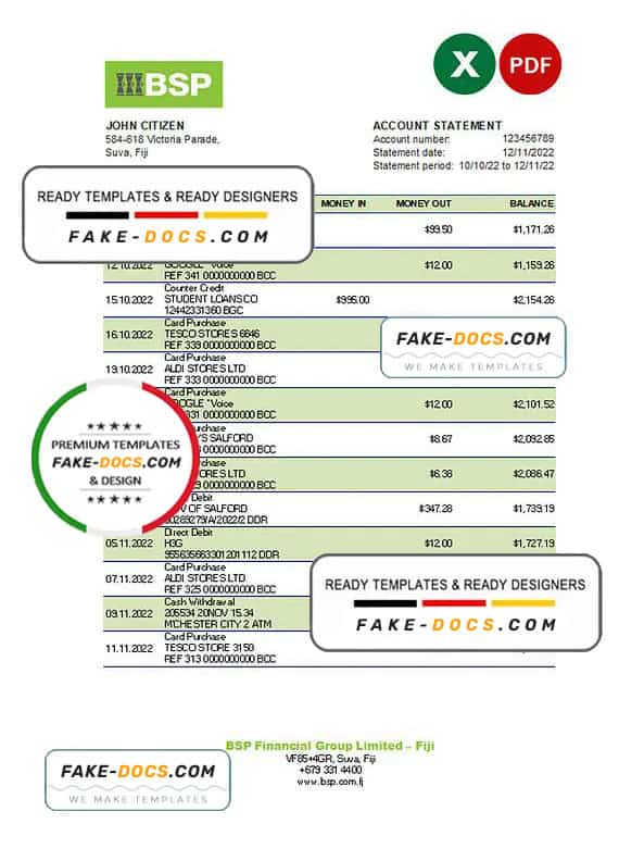 Fiji Bank of South Pacific bank statement Excel and PDF template Fiji Bank of South Pacific bank statement Excel and PDF template
