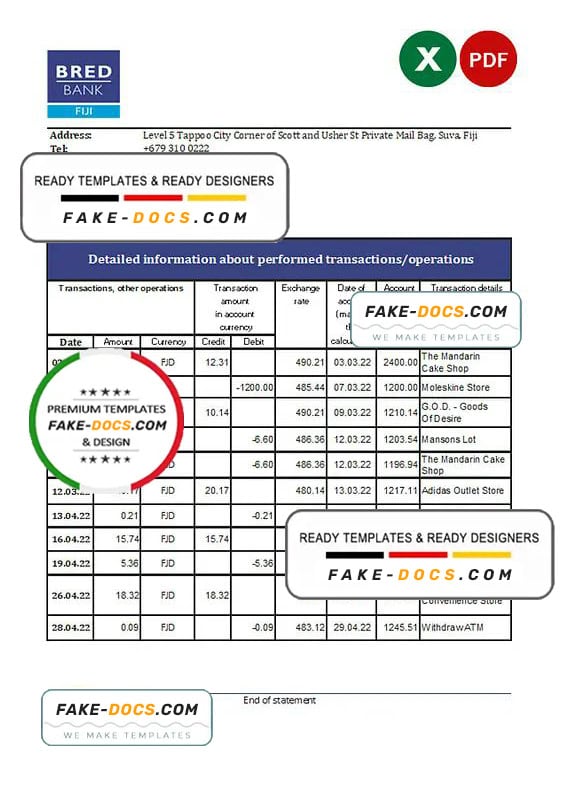 Fiji Bred bank statement Excel and PDF template Fiji Bred bank statement Excel and PDF template