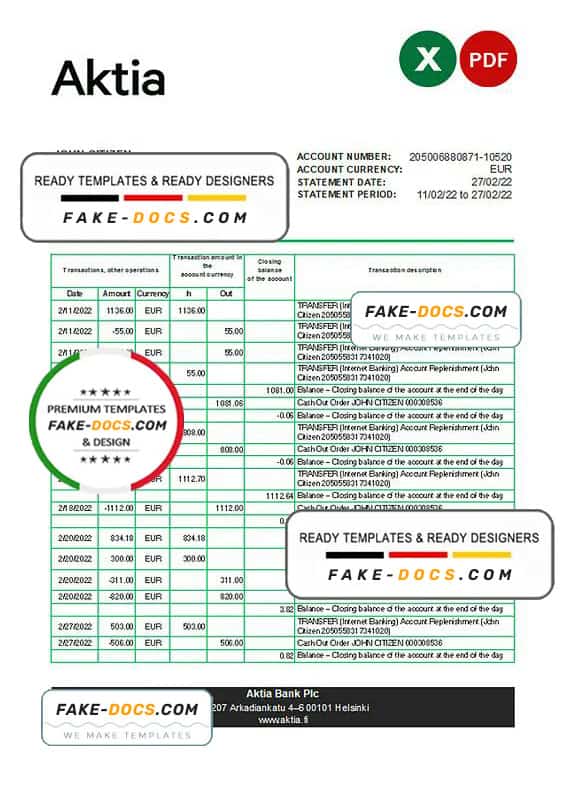 Finland Aktia bank statement Excel and PDF template Finland Aktia bank statement Excel and PDF template