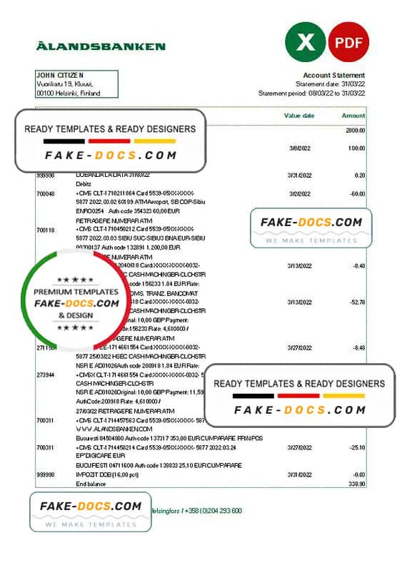 Finland Aland bank statement Excel and PDF template Finland Aland bank statement Excel and PDF template