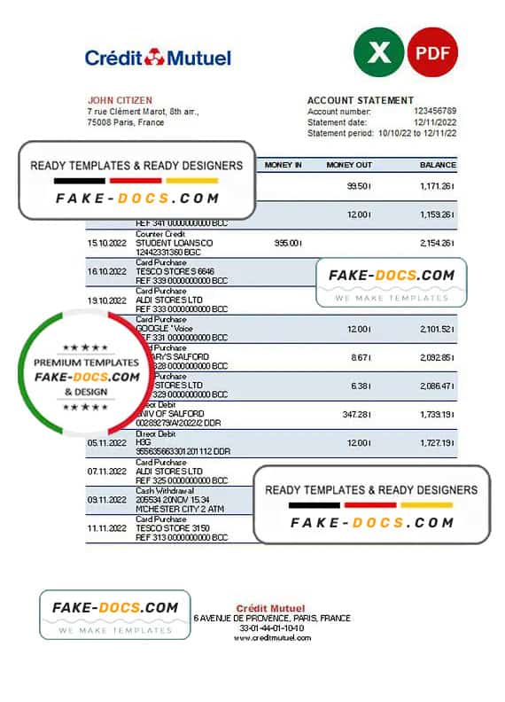 France Credit Mutuel bank statement Excel and PDF template France Credit Mutuel bank statement Excel and PDF template