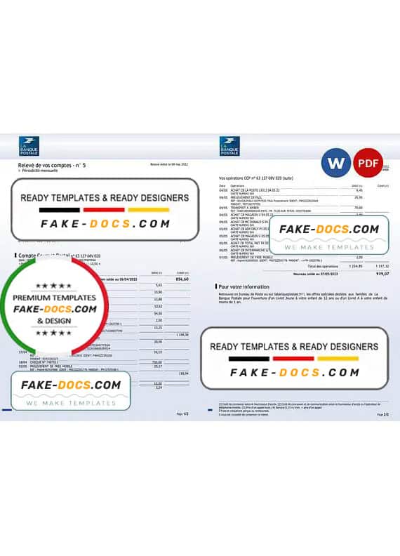 France La Banque Postale bank statement Word and PDF template, 3 pages France La Banque Postale bank statement Word and PDF template, 3 pages