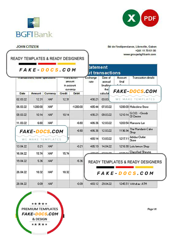 Gabon BGFI bank statement Excel and PDF template Gabon BGFI bank statement Excel and PDF template
