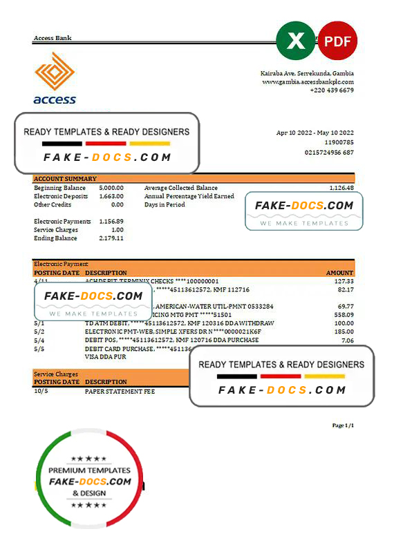 Gambia Access bank statement Excel and PDF template Gambia Access bank statement Excel and PDF template