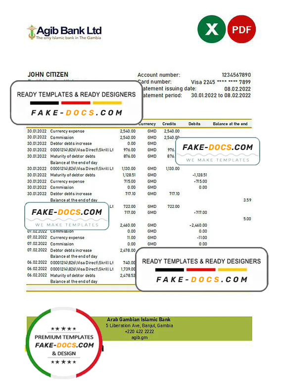 Gambia Arab Gambian Islamic bank statement Excel and PDF template Gambia Arab Gambian Islamic bank statement Excel and PDF template
