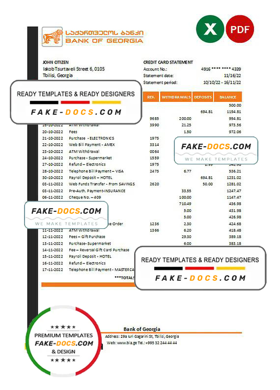 Georgia Bank of Georgia statement Excel and PDF template Georgia Bank of Georgia statement Excel and PDF template
