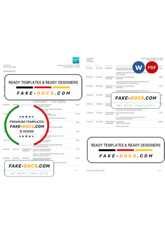 Germany Consorsbank bank statement, Word and PDF template, 2 pages Germany Consorsbank bank statement, Word and PDF template, 2 pages