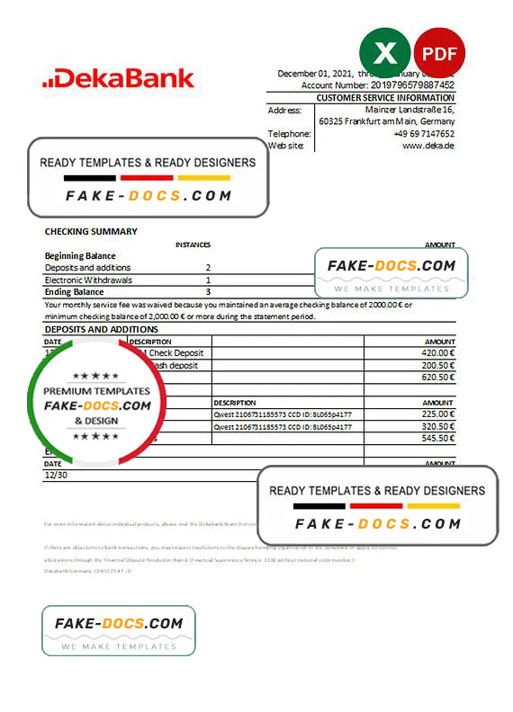 Germany Dekabank bank statement Excel and PDF template Germany Dekabank bank statement Excel and PDF template