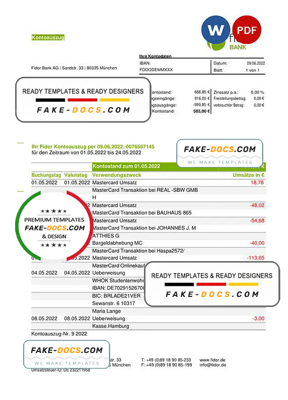 Germany Fidor bank statement, Word and PDF template Germany Fidor bank statement, Word and PDF template