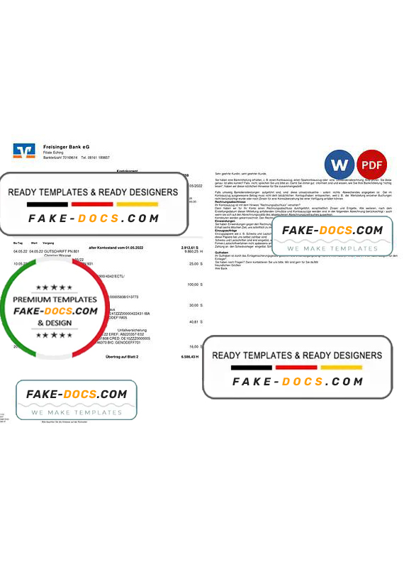 Germany Freisinger Bank eG bank statement, Word and PDF template, 2 pages Germany Freisinger Bank eG bank statement, Word and PDF template, 2 pages