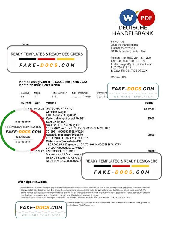 Germany Handelsbank bank statement, Word and PDF template Germany Handelsbank bank statement, Word and PDF template